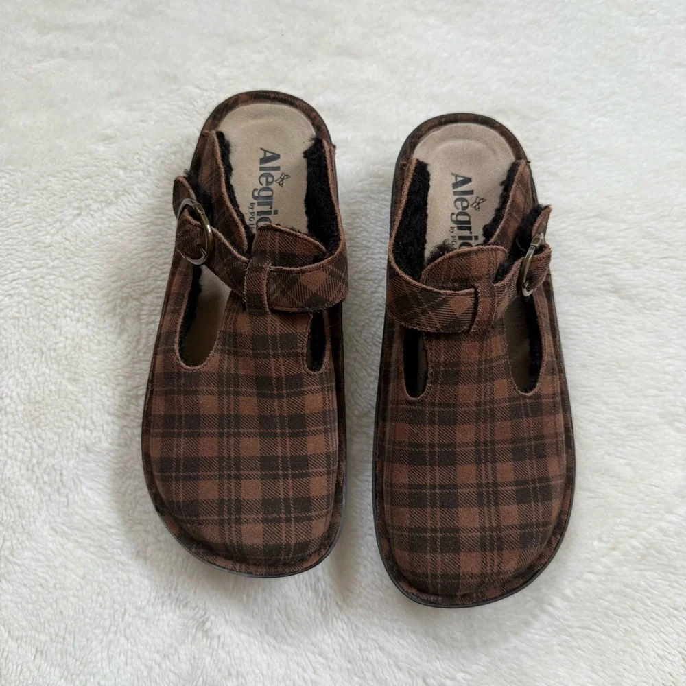Alegria Brown Plaid Classic Kickin it Shearling Clog Size 8 - Picture 2 of 10